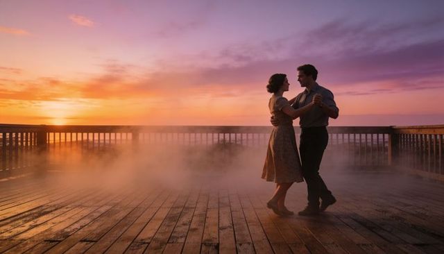 Couple slow-dancing on misty ocean deck at sunset, romantic silhouette on wooden planks