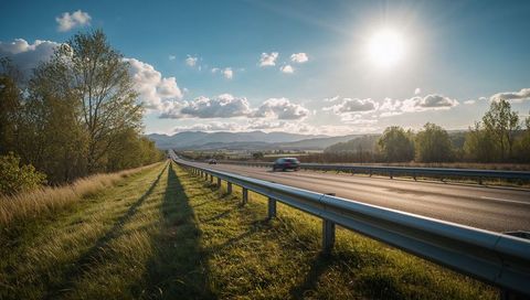 Sunlit rural highway stretching toward distant mountains with guardrail and blurred cars