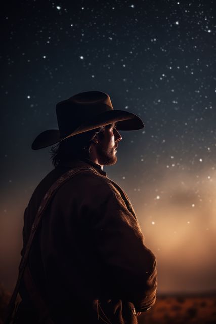 Cowboy stargazing under a serene night sky filled with stars. Ideal for themes related to adventure, solitude, Western lifestyle, or rural life. Perfect for blogs, travel websites, promotional material for country music albums, or vintage rural design works.