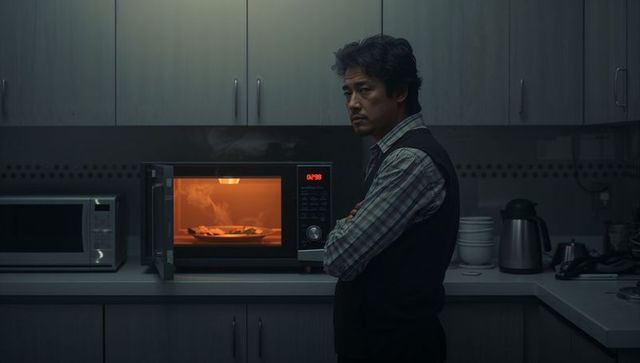 Watching man checking microwave timer with steaming plate in moody quiet break room