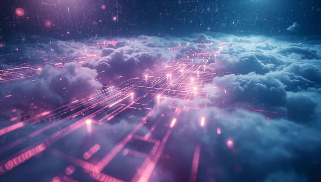 Neon Pink Circuitry Merging with Clouds in Futuristic Digital Landscape