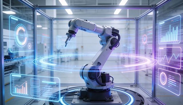 Six-Axis Industrial Robot Arm Performing Precision Assembly with Augmented Data Overlays