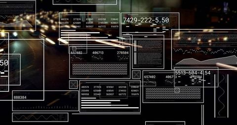 Futuristic Urban Data Overlay with Semi-Transparent Wireframe Panels and Light Trails