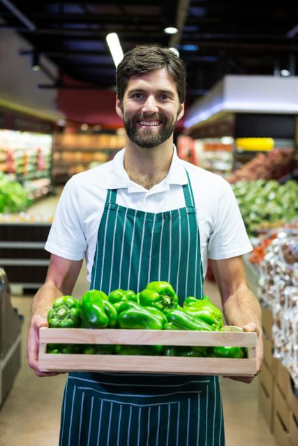 Portrait of smiling male staff holding a crate of fresh green bell pepper at supermarket
