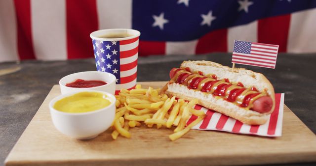 Image of hot dogs with mustard, ketchup and chips over flag of usa on a wooden surface. food, cuisine and catering ingredients.