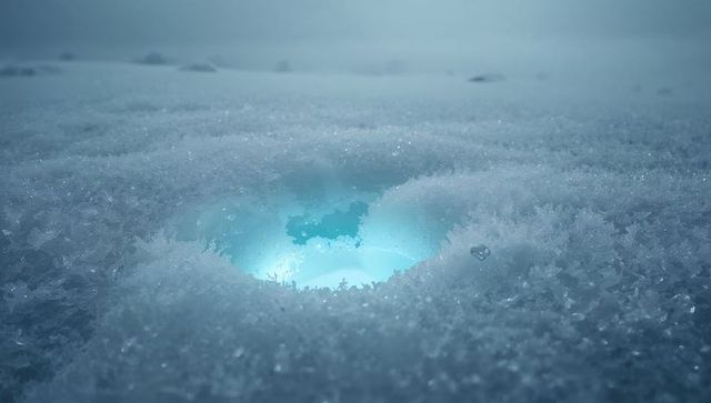 Glowing turquoise light revealing hidden cavity in frosty ice plain with crystalline rim
