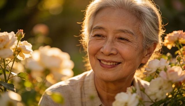 Golden-hour portrait of smiling senior asian woman in rose garden, serene mature lifestyle