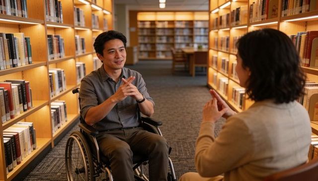 Smiling man in wheelchair signing with peer in cozy library aisle, accessible education