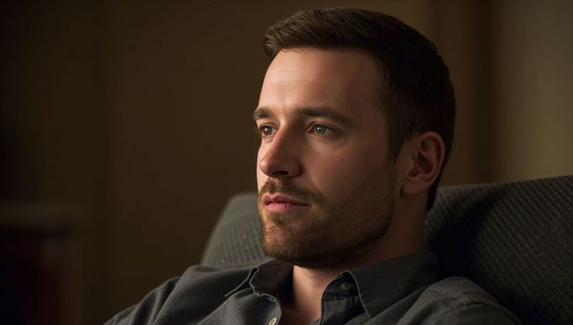 Bearded man contemplating in warm lounge lighting closeup portrait for lifestyle use