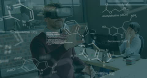 Man Experiencing Virtual Reality in Office with Molecular Holograms