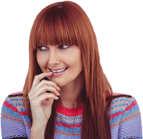 Smiling Redhead Woman in Colorful Sweater on Transparent Background