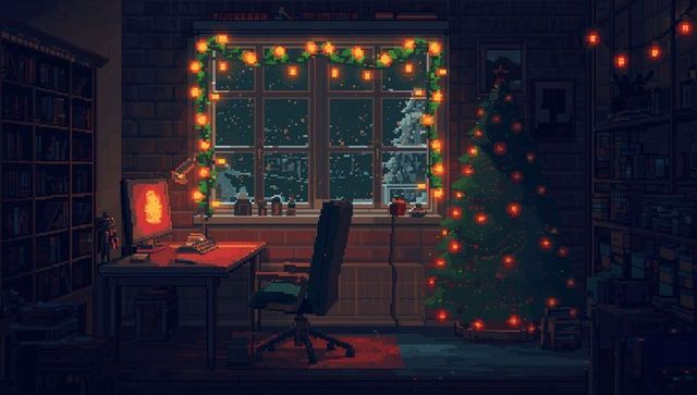 Cozy pixel art home office with festive christmas tree and snowy window night