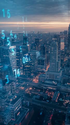 Vertical urban skyline video overlaying floating data numbers with pulsing dusk lights