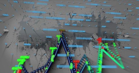 Neon 3d data visualization hovering over muted city skyline showing motion and depth