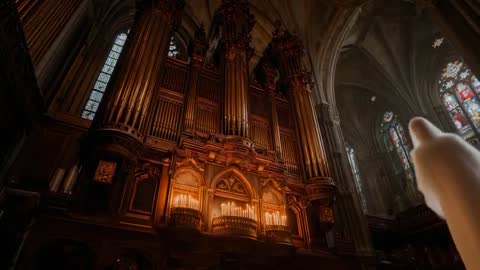 Pointing to Gothic Cathedral's Illuminated Pipe Organ