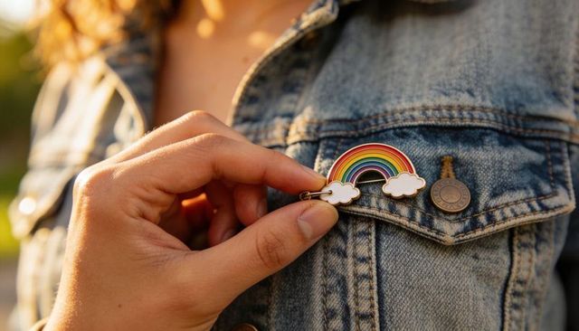 Hand pinning rainbow enamel pin on denim jacket during golden hour, colorful fashion accessory