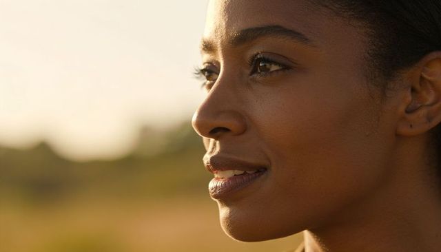 Smiling woman basking in golden hour light close-up portrait highlighting cheekbones and eyelashes