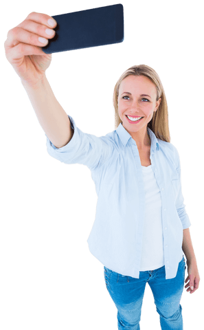 Cheerful Blonde Woman Taking Selfie with Smartphone Transparent Background