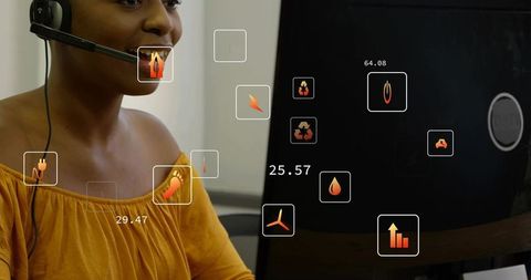 Customer service agent answering call with headset and interactive analytics overlays on monitor