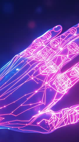 Cybernetic Hand Powering Up, Pulsing Neon Circuitry and Energy Flow Vertical Loop