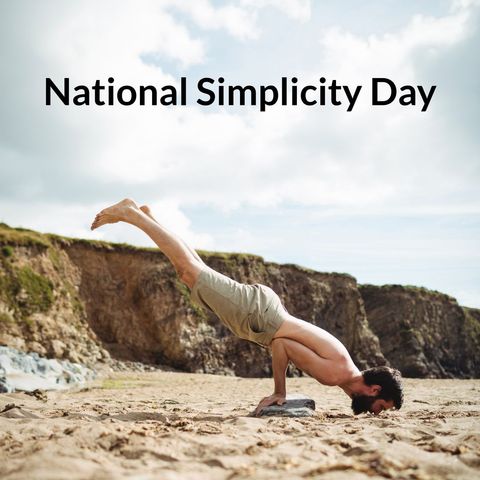 Man practicing yoga on beach for national simplicity day