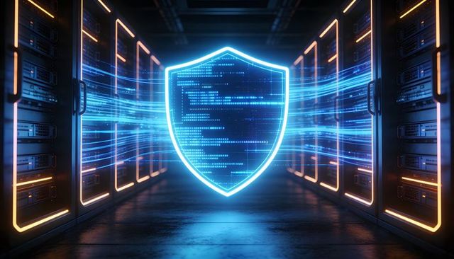 Projecting holographic shield protecting server rack with streaming cybersecurity data