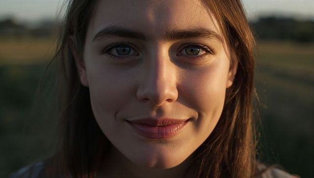 Smiling young woman basking in golden hour sunlight close-up portrait in meadow