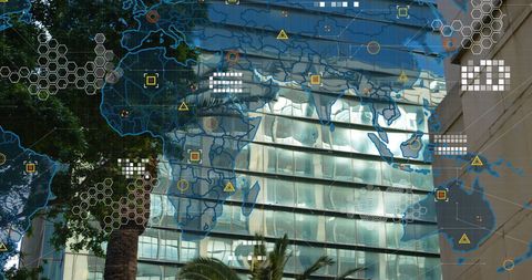 World Map Overlay with Futuristic Cityscape Concept - Download Free Stock Images Pikwizard.com