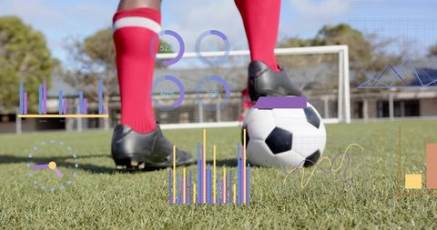 Soccer player placing foot on ball with digital hud analytics overlay on training pitch