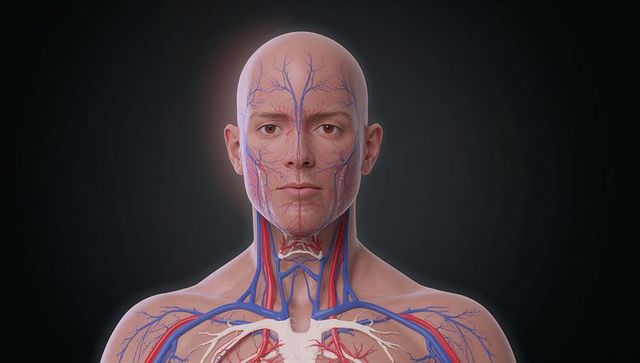 Male head and neck vascular anatomy showing carotid and jugular vessels, 3d medical render