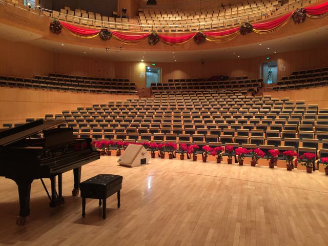 Empty concert hall features grand piano on stage with poinsettias and festive decorations, providing a ready setting for musical performances, concerts, or cultural events. Suitable for illustrating stages, performance preparation, and event planning.