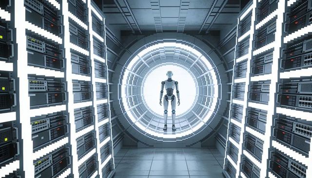 Silver android emerging from cybernetic portal inside neon-lit high-tech server vault