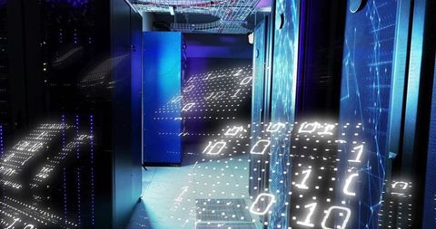 Digital Binary Code Flowing Through Data Center Corridor