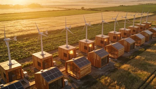Modular timber off-grid cabins with solar panels and wind turbines on farmland at golden hour