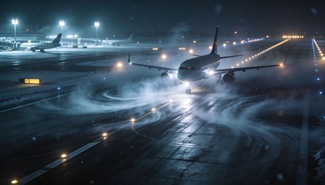 Commercial jet landing on wet runway at night spraying mist under airport floodlights