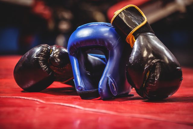 Close-up of boxing headgear and gloves in boxing ring