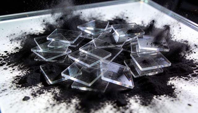 Transparent beveled glass squares reflecting light over black pigment powder, minimalist