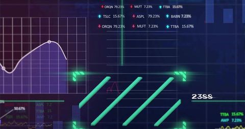 Pulsing neon analytics dashboard showing teal bars, white line graph and red sparkline