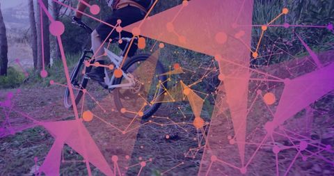 Cyclist on Dirt Trail with Futuristic Network Overlay