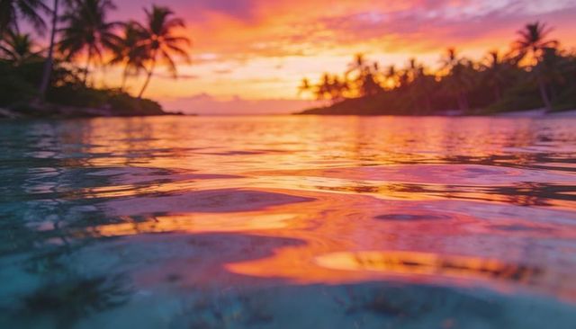 Tropical lagoon sunset reflections with palm silhouettes and vibrant orange-pink sky
