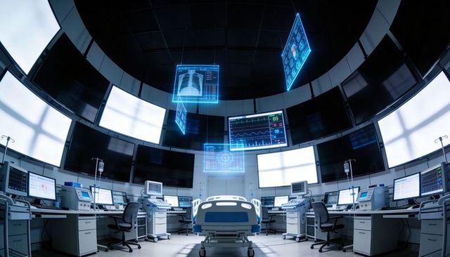 Futuristic hospital control ring with patient bed, holographic vitals and ai monitoring