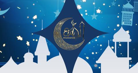 Eid Mubarak Greeting with Mosque and Crescent Moon Overlay - Download Free Stock Images Pikwizard.com