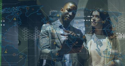 Business professionals examining tablet with AR world map for cybersecurity collaboration