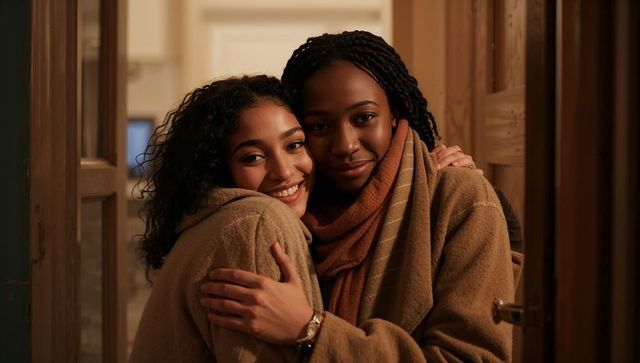 Warm embrace between two women in coats and scarves at doorway, intimate moment