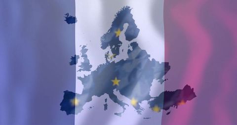 European map silhouette overlaying tricolor flag with yellow stars symbolizing unity