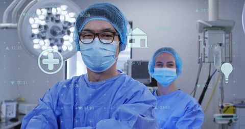 Surgeons in Operating Room with Digital Health Icons Overlay