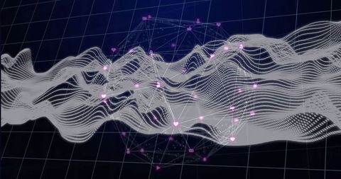 Abstract Digital Wave with Icons on 3D Grid Showcasing Connectivity