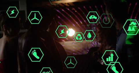 Woman chatting in club with neon-green augmented reality energy icons