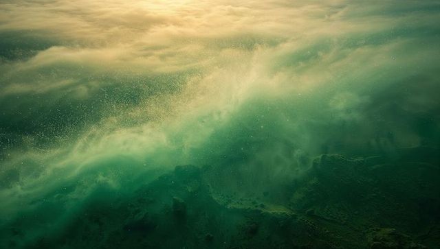 Emerald ocean swirl at sunrise, foamy surf and suspended sediment from aerial view