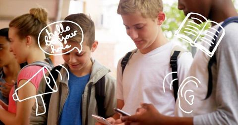 Teen Students Standing in School Hallway Checking Smartphones Backpacks Sketch Doodles